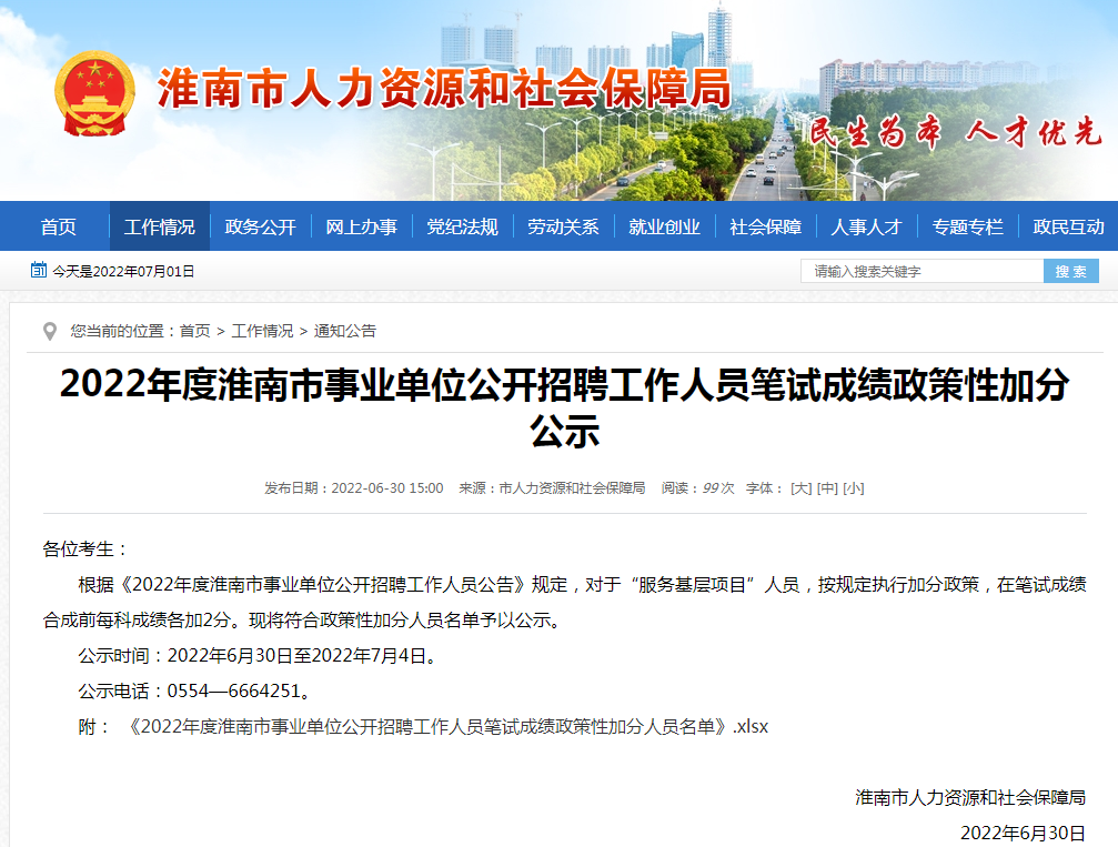 淮南2022年度市事業單位公開招聘工作人員筆試成績政策性加分公示