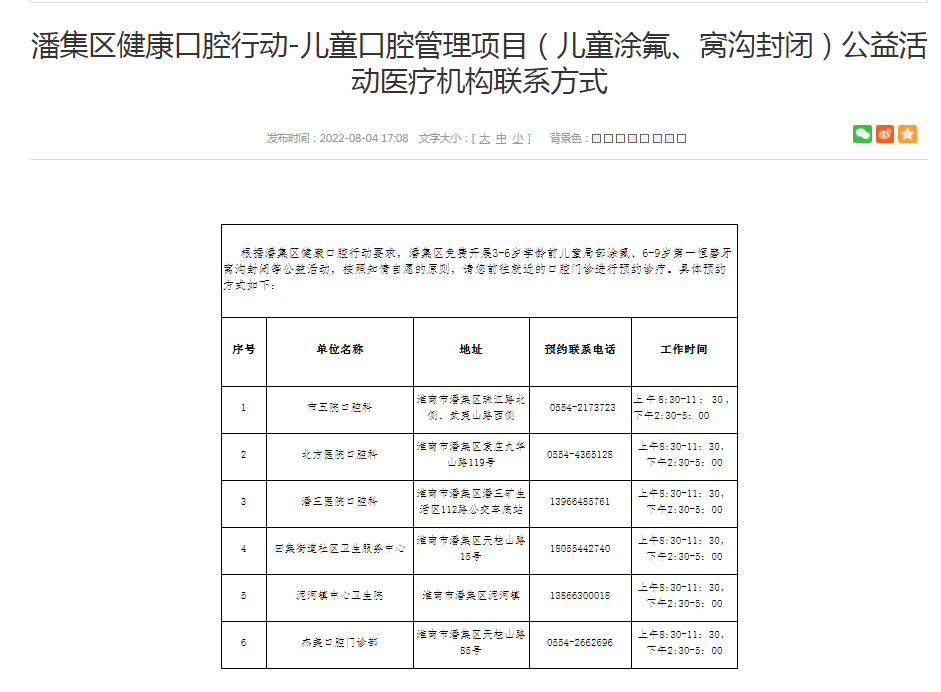 淮南潘集區健康口腔行動-兒童口腔管理項目（兒童涂氟、窩溝封閉）公益活動醫療機構聯系方式