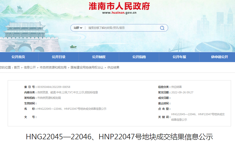 淮南HNG22045—22046、HNP22047號地塊成交結果信息公示