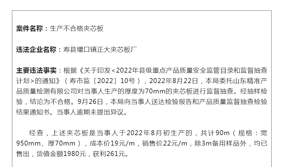 淮南壽縣堰口正大夾芯板廠因生產(chǎn)不合格夾芯板被罰2000元！